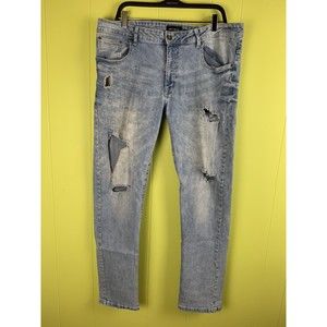 WT 02 Mens Jeans Size 38x34 Stretch Light Sand Blue Distressed